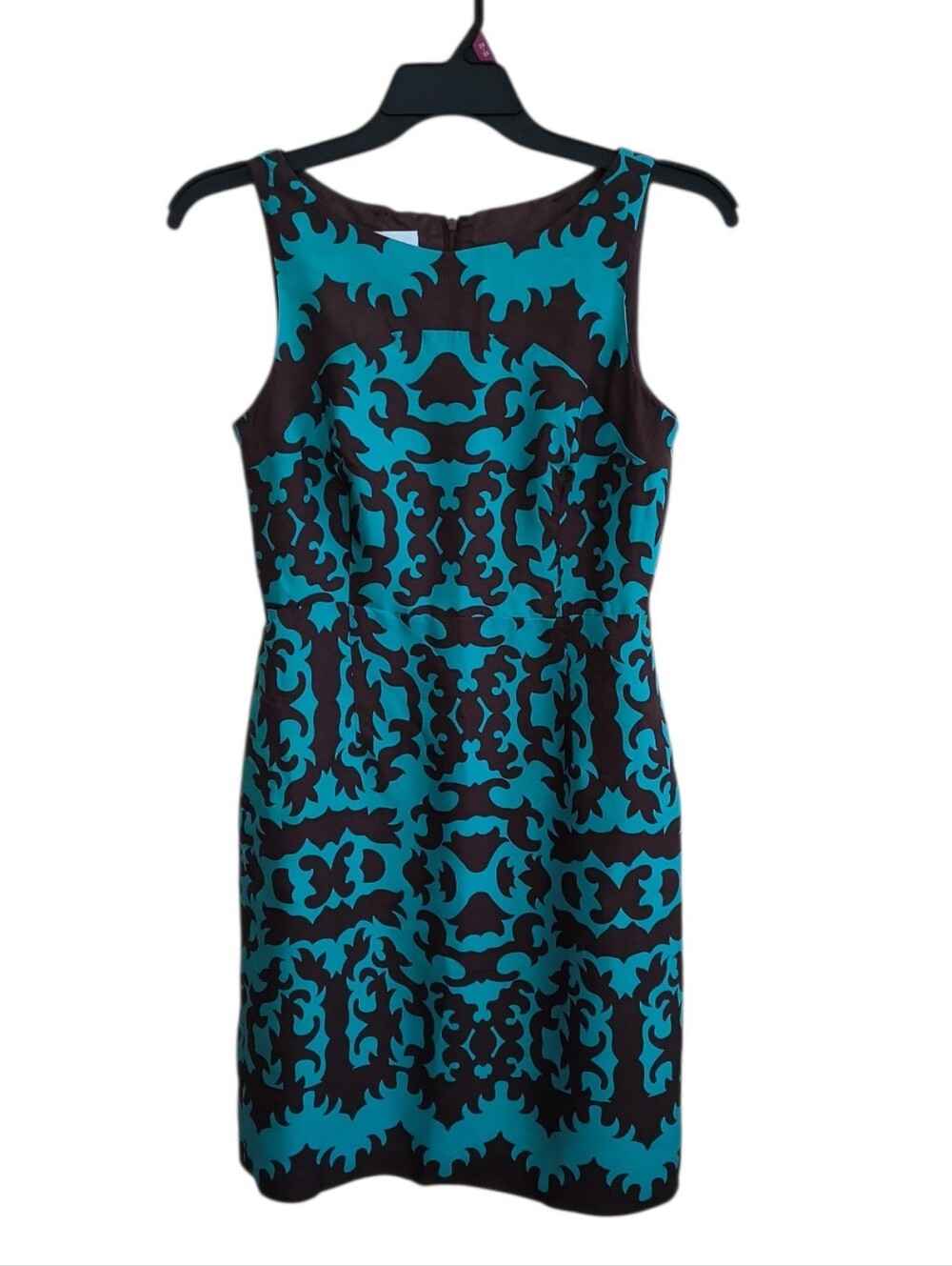 Vintage Donna Morgan Teal and Brown Silk Sleeveless Sheath Dress Size 8